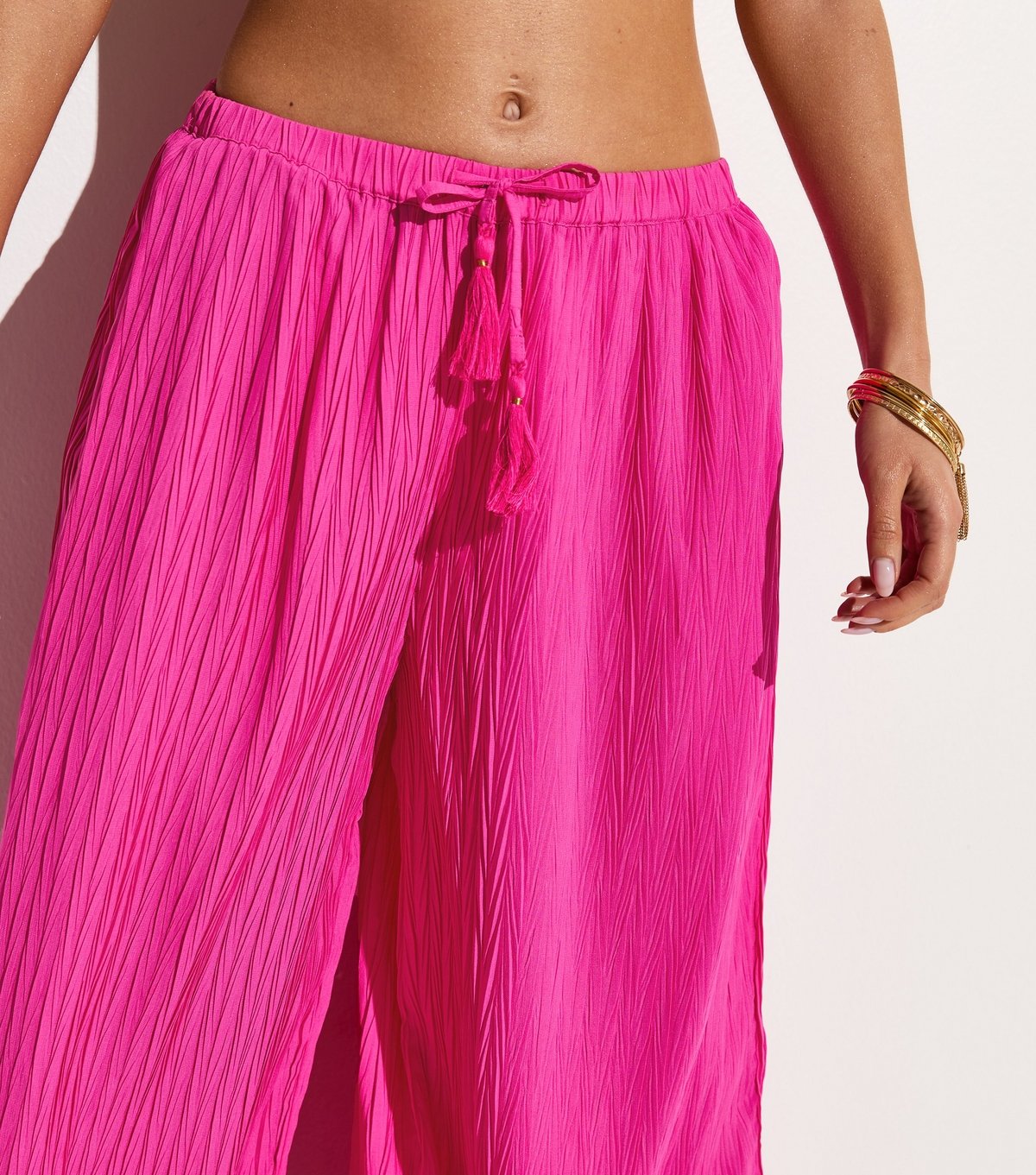 New Look Women's Dark Pink Textured Beach Wide Leg Trousers New Look - 2