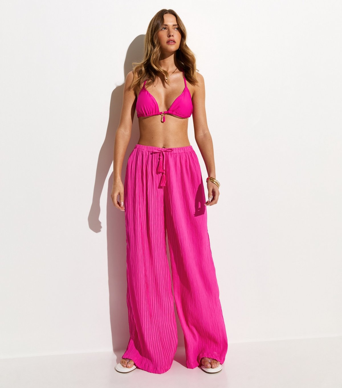 New Look Women's Dark Pink Textured Beach Wide Leg Trousers New Look - 3