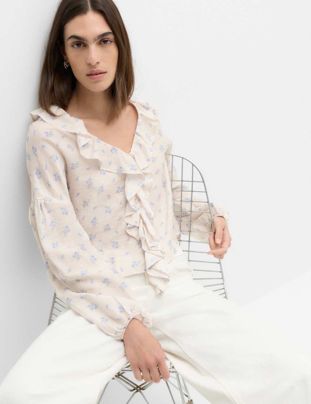 Marks & Spencer M&S Lyocell Rich Floral Ruffle Detail Blouse Ivory Mix