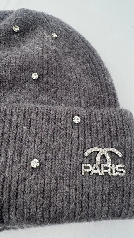 EGO Grey embellished beanie hat paris style crystal knit winter hat