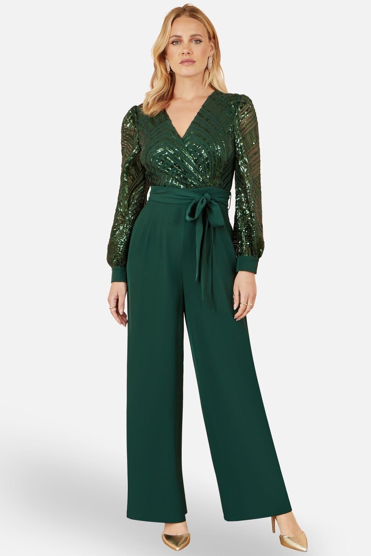 Yumi Yumi Women's Green Sequin Wrap Over Jumpsuit