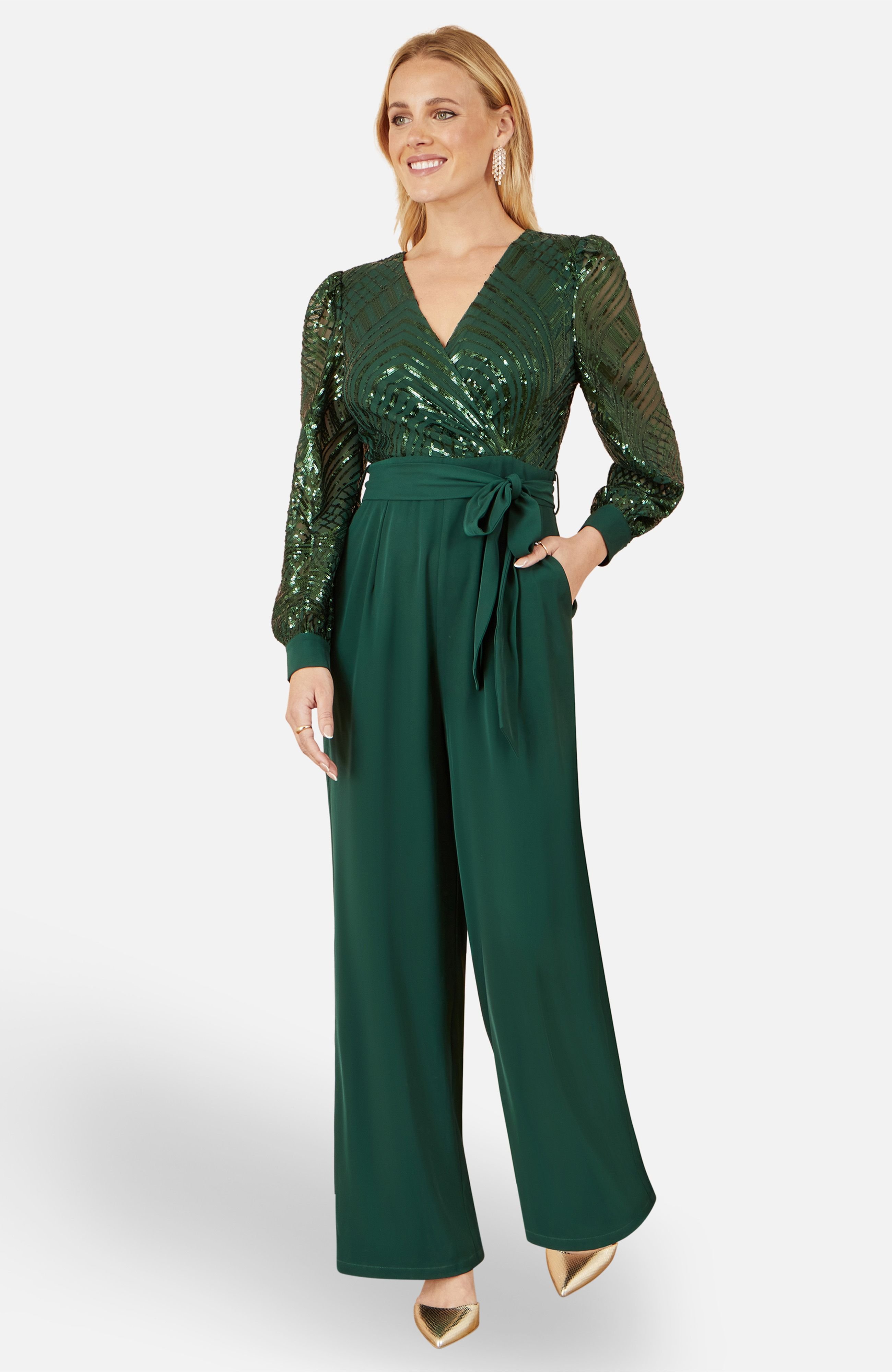 Yumi Yumi Women's Green Sequin Wrap Over Jumpsuit - 2