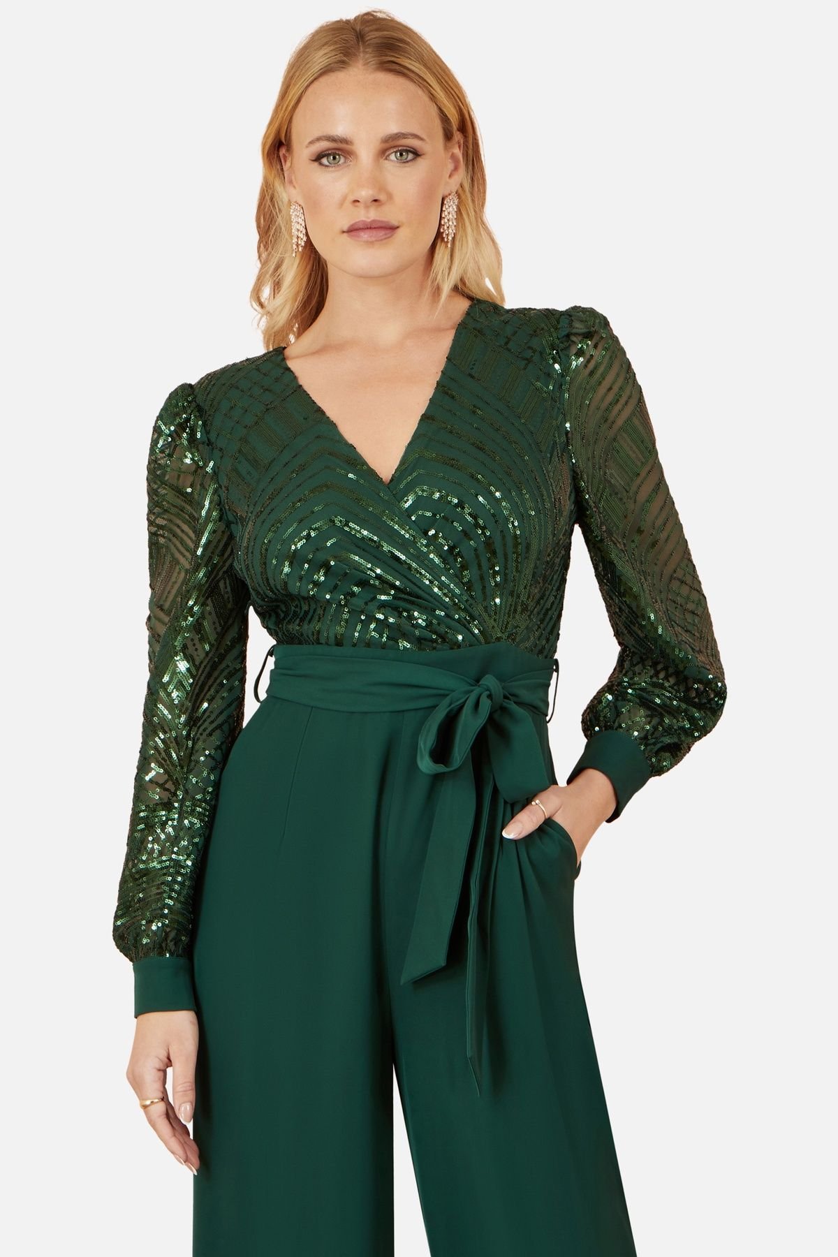 Yumi Yumi Women's Green Sequin Wrap Over Jumpsuit - 4