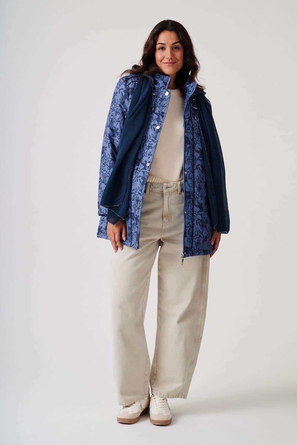 Anna Rose Anna Rose Women's Hooded Floral Print Coat With Scarf in Blue