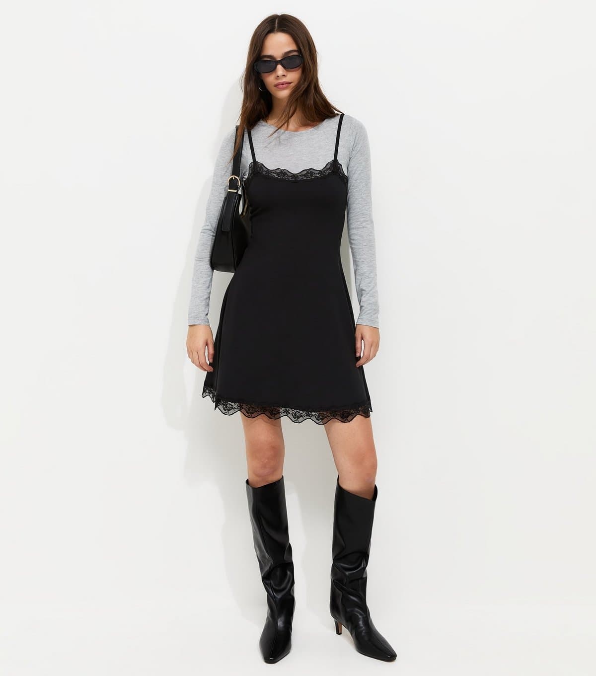 New Look Women's Black 2in1 Lace Trim Layered Strappy Mini Dress New Look