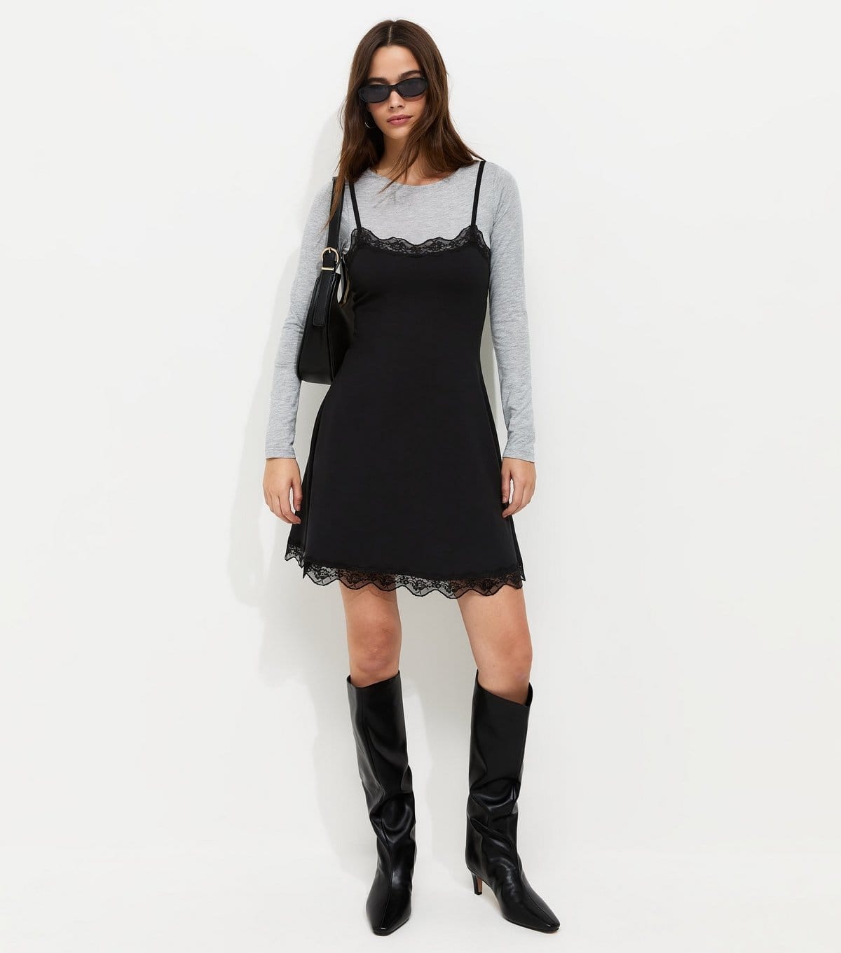 New Look Women's Black 2in1 Lace Trim Layered Strappy Mini Dress New Look - 1