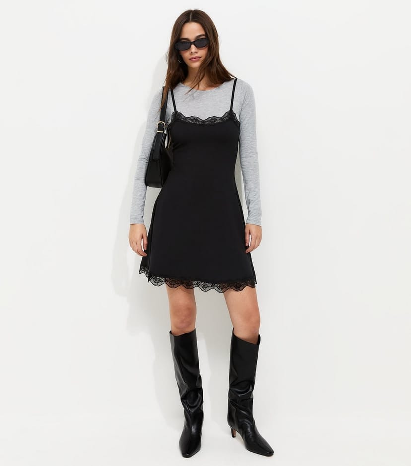 New Look Women's Black 2in1 Lace Trim Layered Strappy Mini Dress New Look - 1