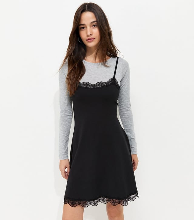 New Look Women's Black 2in1 Lace Trim Layered Strappy Mini Dress New Look - 2