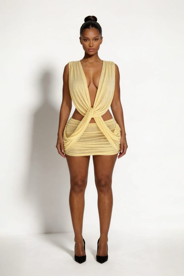 LEMONLUNAR LEMONLUNAR Women's The Veda Plunge Studded Mesh Mini Dress in Yellow - 2