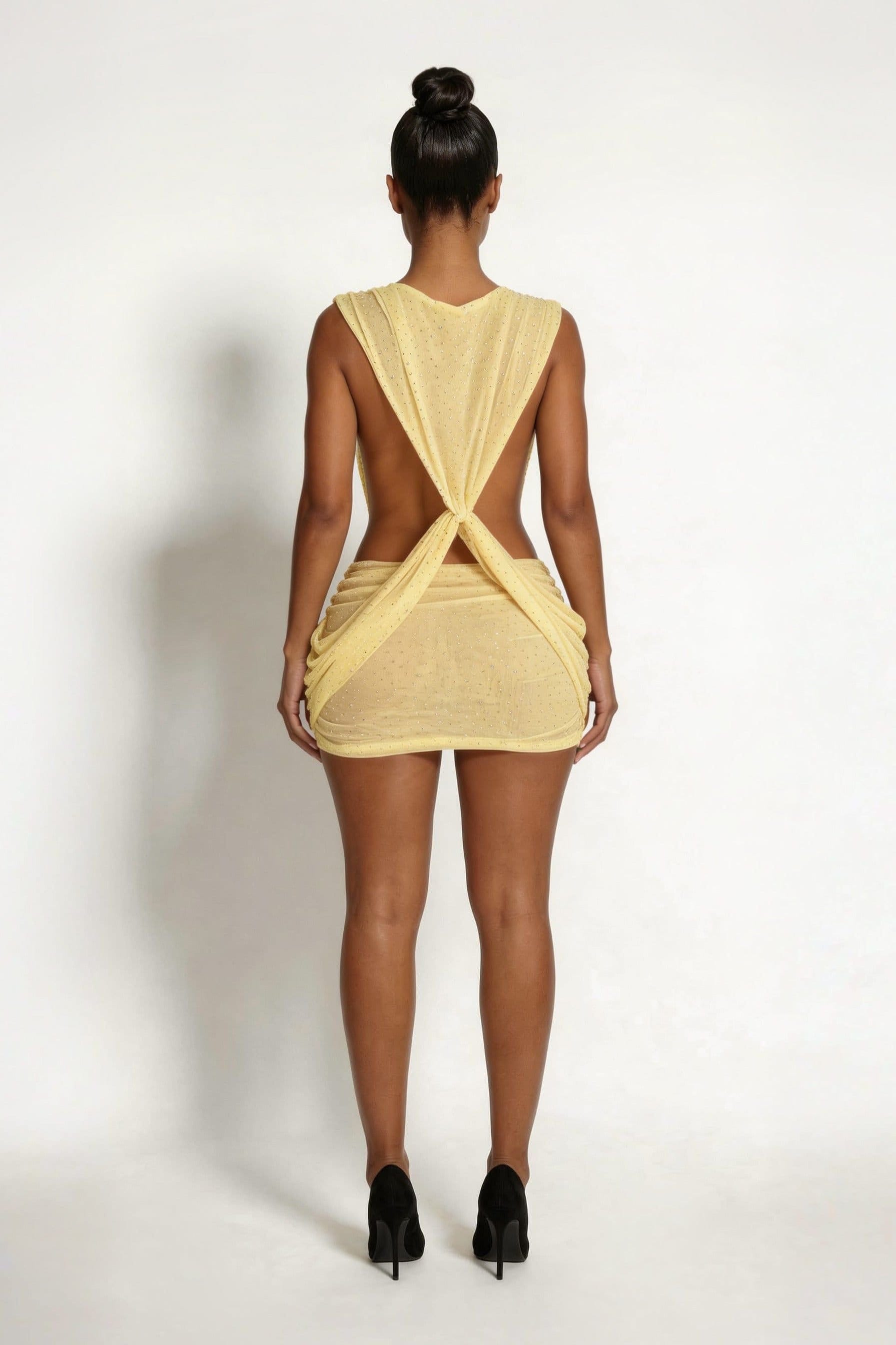 LEMONLUNAR LEMONLUNAR Women's The Veda Plunge Studded Mesh Mini Dress in Yellow - 4