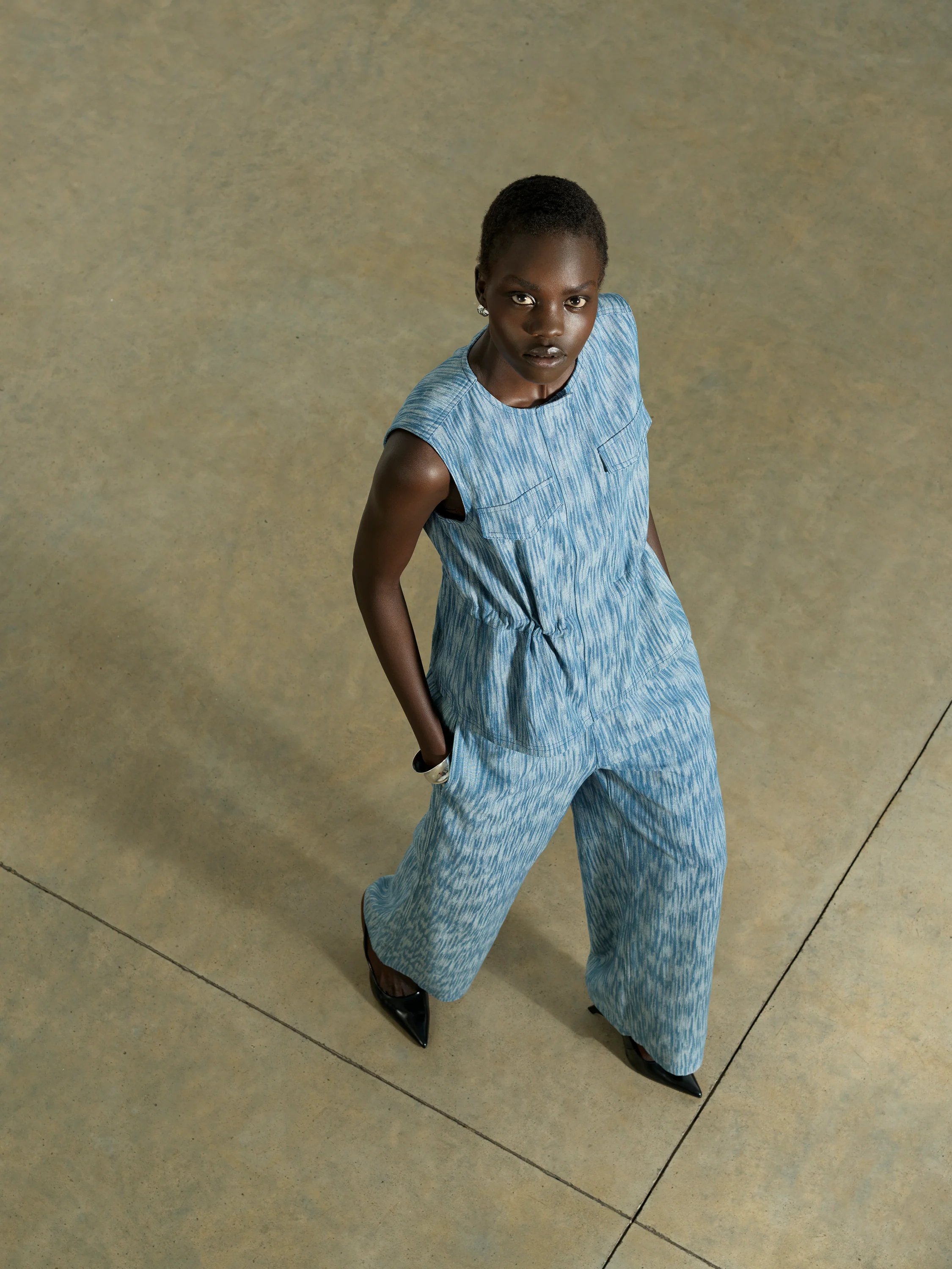 French Connection Bessie Textured Denim Cinched Waistcoat Mid Blue - 1