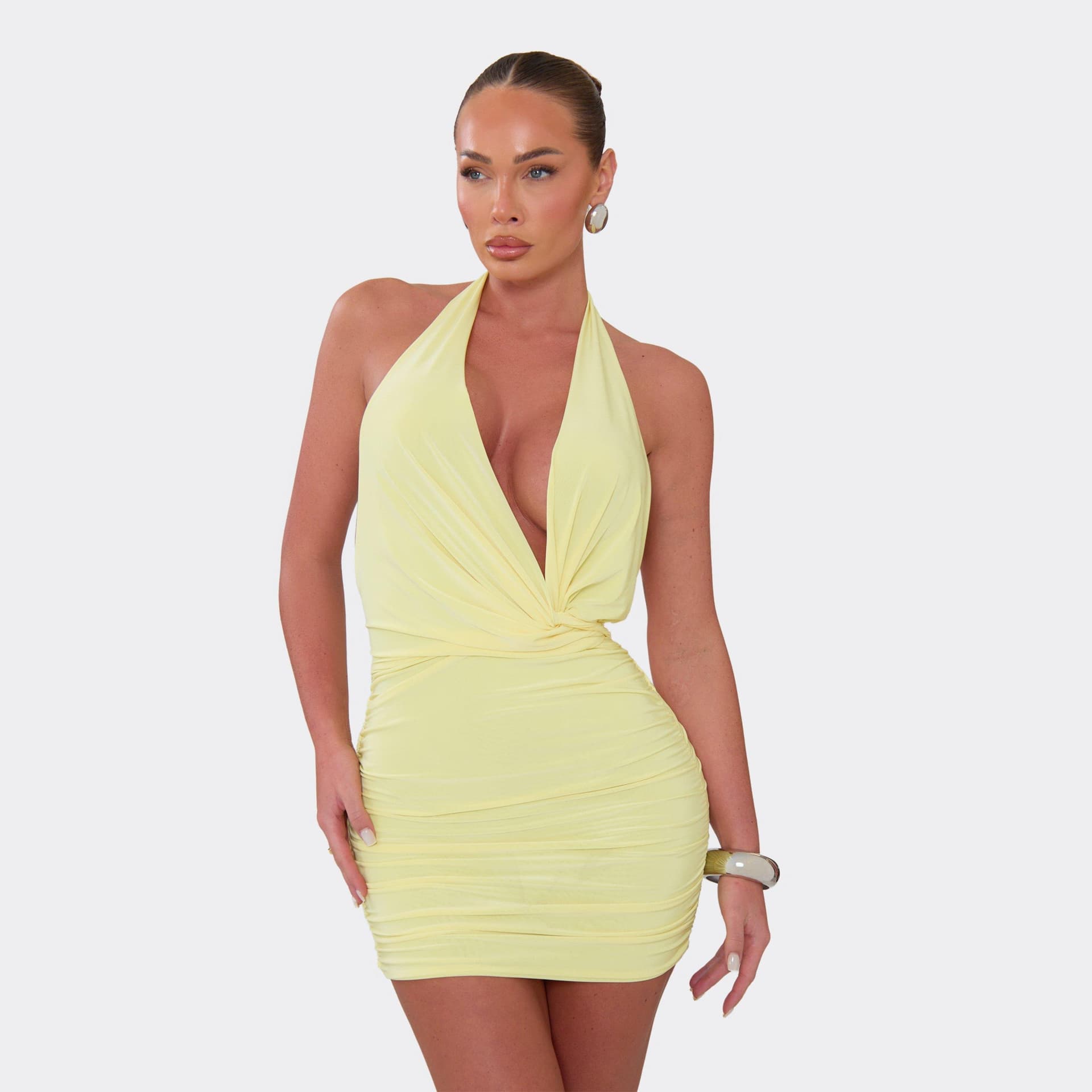 EGO Halterneck Plunge Draped Front Ruched Mini Dress In Lemon, Women's Size UK 6