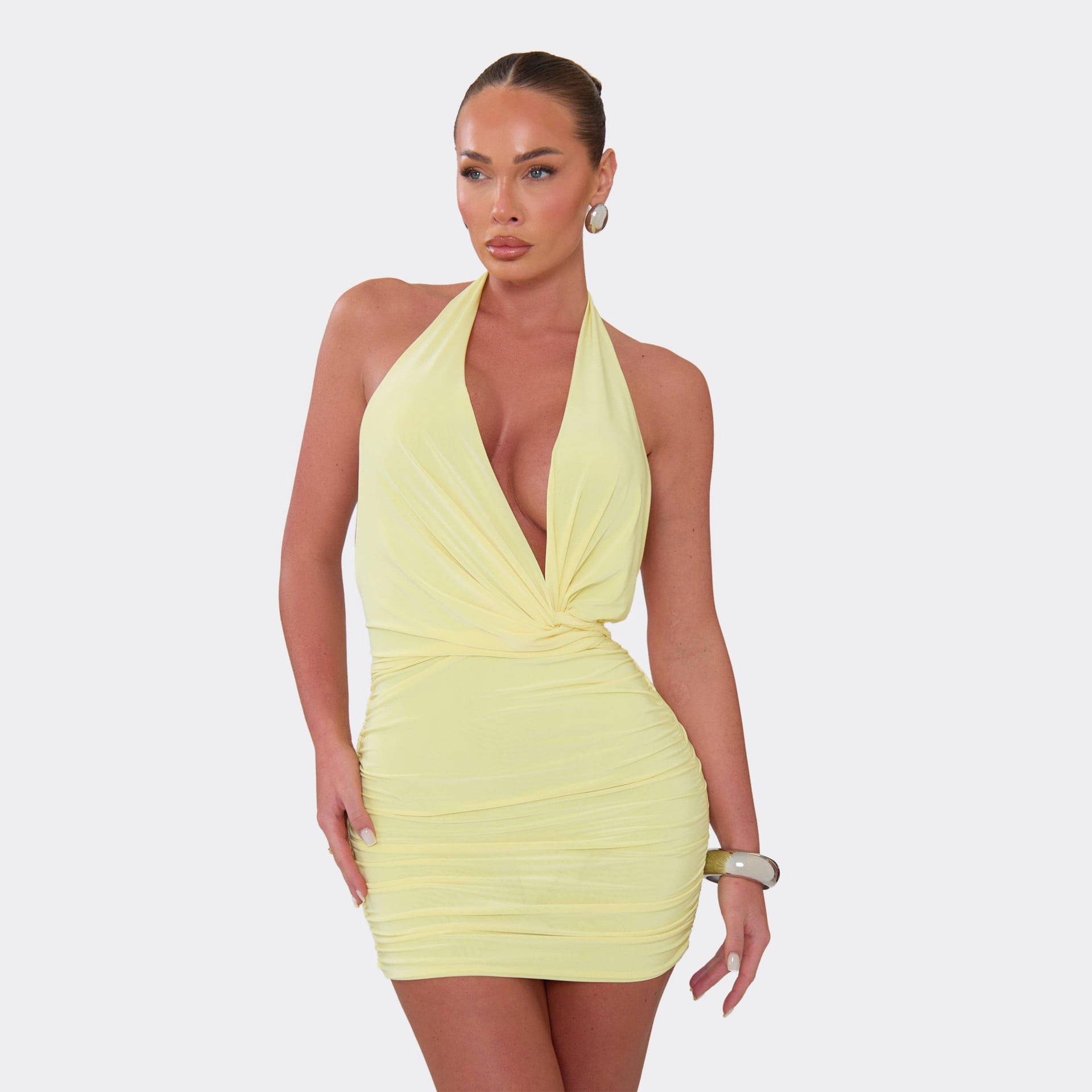 EGO Yellow Ruched Halterneck Mini Dress