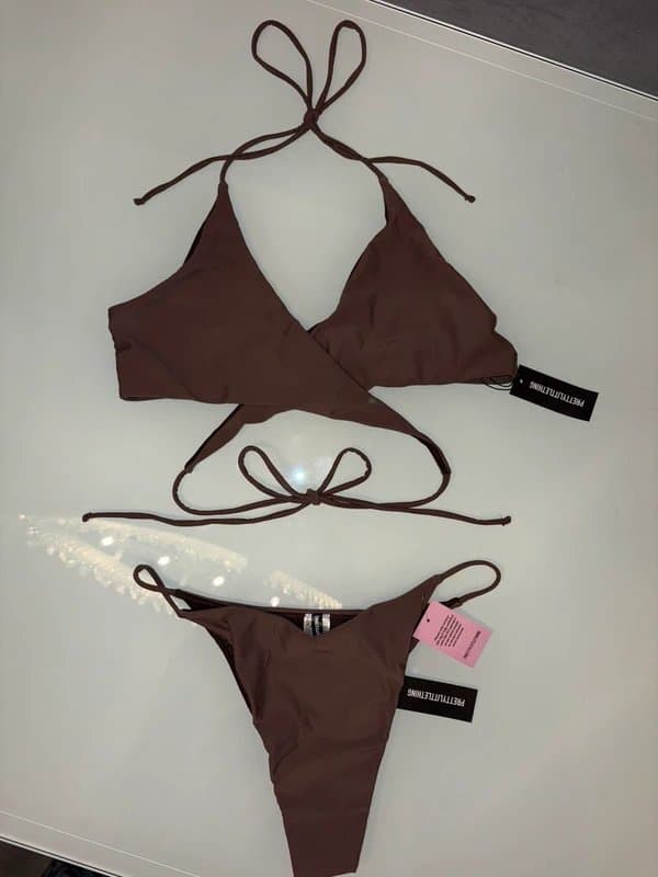 PLT NEW top 14 bottoms 12 UK coffee brown crossover wrap tie front cut out halter bikini tanga set