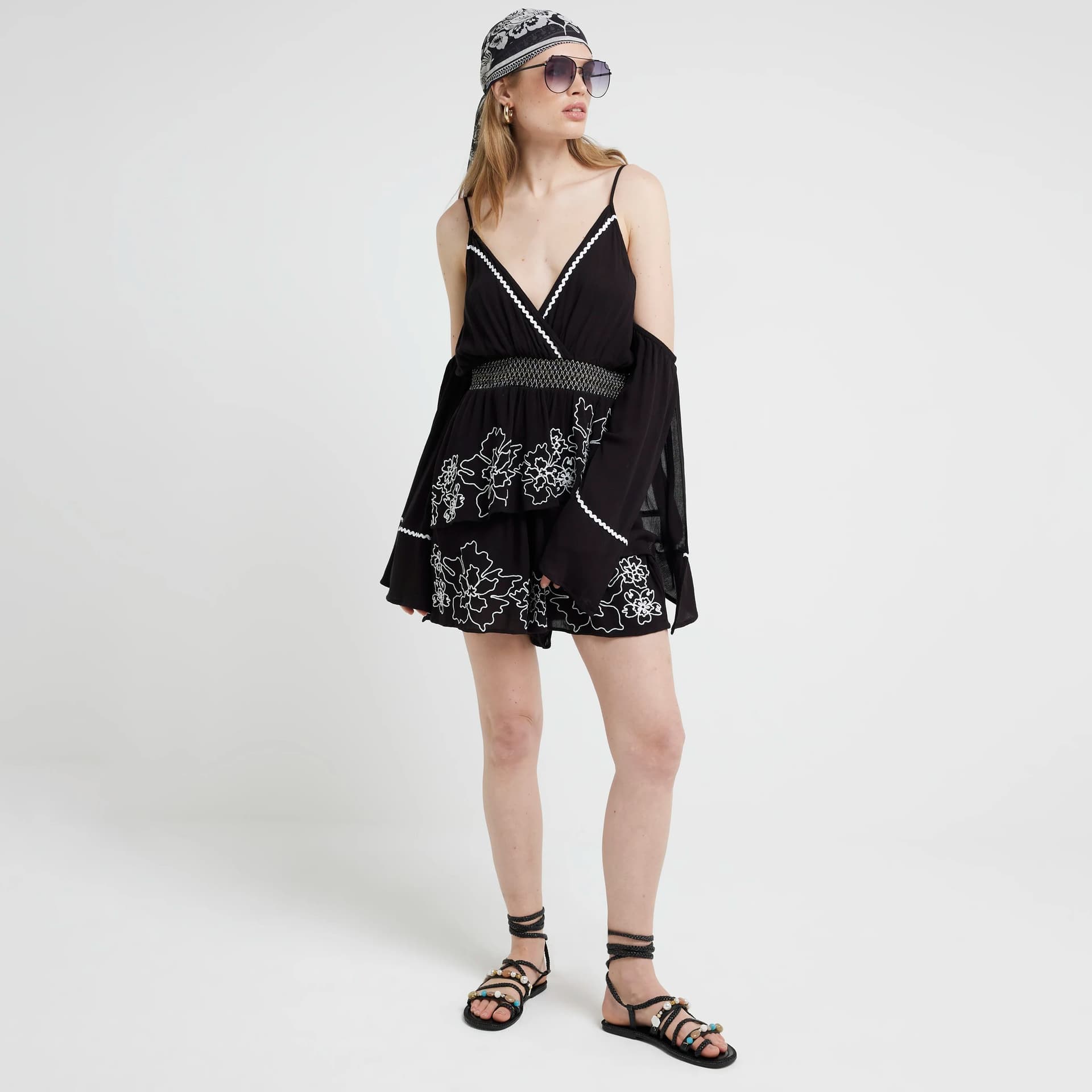 River Island River Island Womens Black Embroidered Cold Shoulder Playsuit