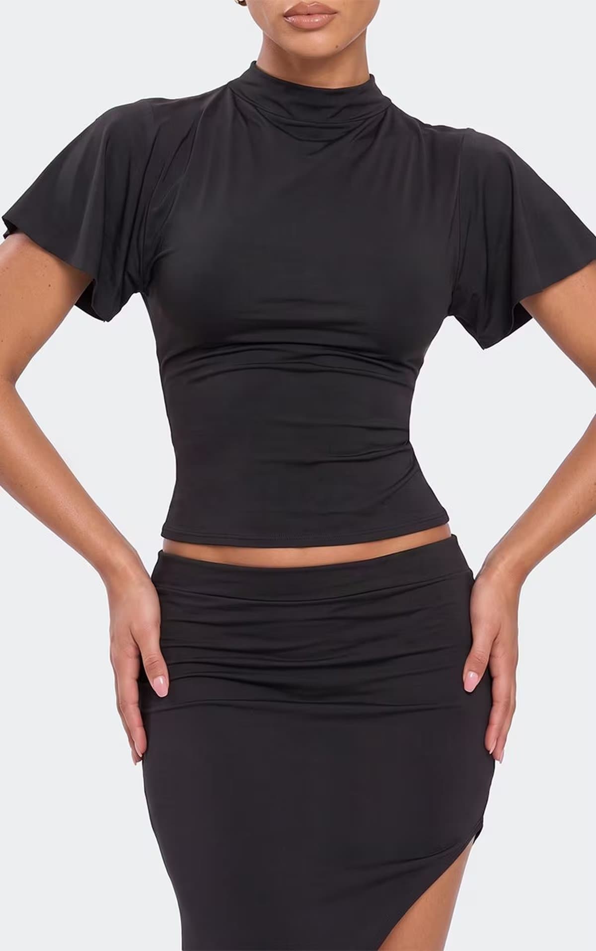 EGO Short Sleeve High Neck Top In Black, Women's Size UK 6