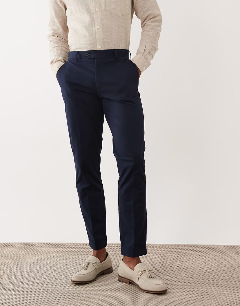 ASOS ASOS DESIGN smart cotton rich slim chino trousers in navy with turnup - 1