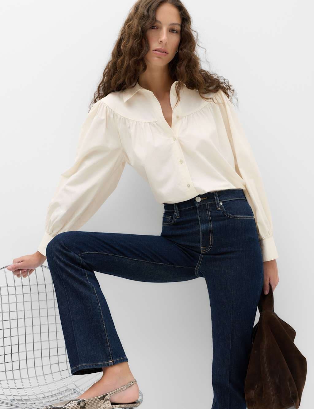 Marks & Spencer M&S Lyocell Rich Western Style Collared Shirt Beige