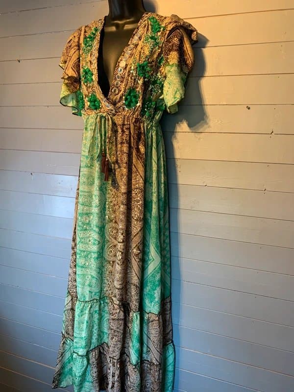 Vintage Dressing IbBan Boho Maxi Dress One Size Up To UK 16 Green Festival Silk Feel Embellished