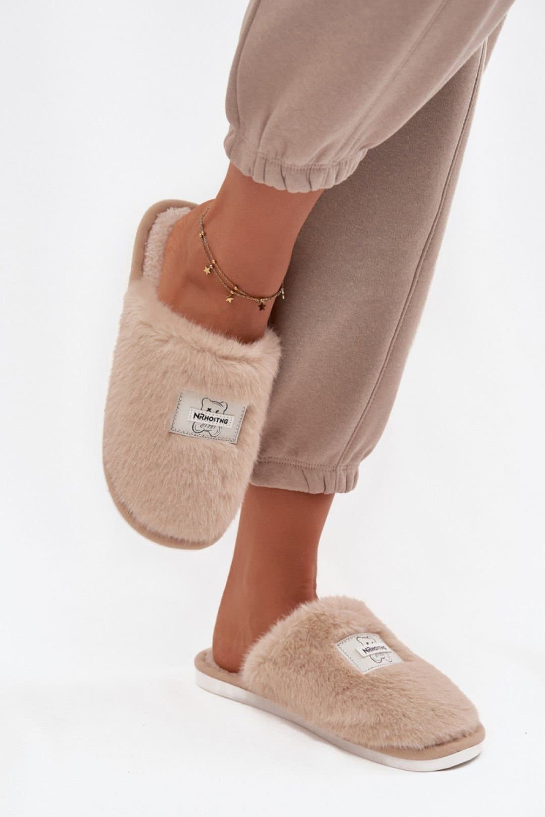 Love Lace Love Lace Beige Fur Slippers with Bear Patch