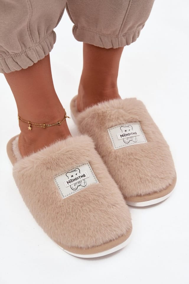 Love Lace Love Lace Women's Warm Fur Slippers with Bear Patch & Cozy Rounded Toe Comfort in Beige - 3