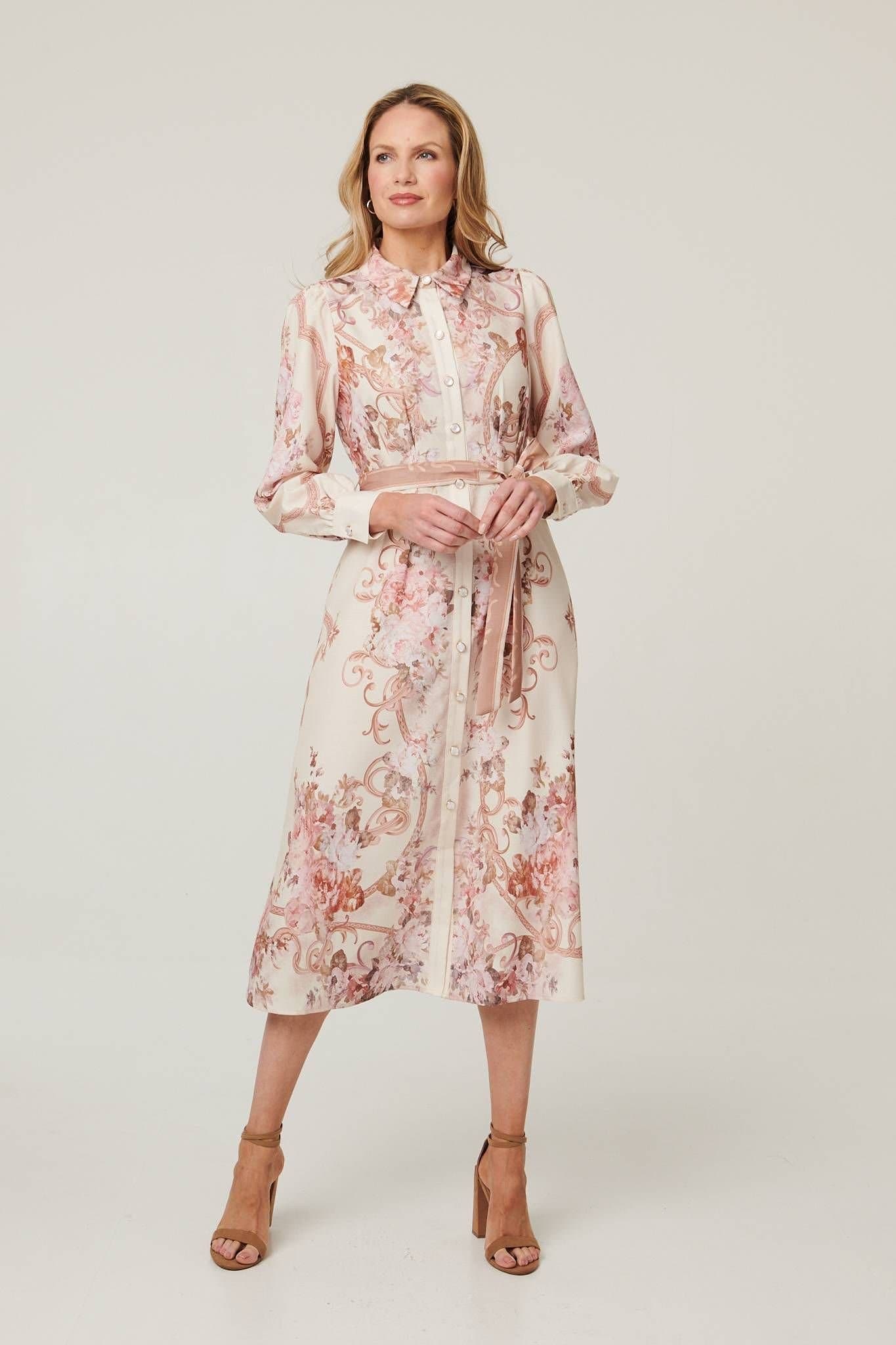 Izabel London Izabel London Women's Floral Long Sleeve Tie Waist Midi Dress in Beige