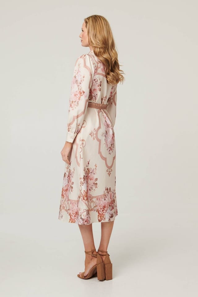 Izabel London Izabel London Women's Floral Long Sleeve Tie Waist Midi Dress in Beige - 3