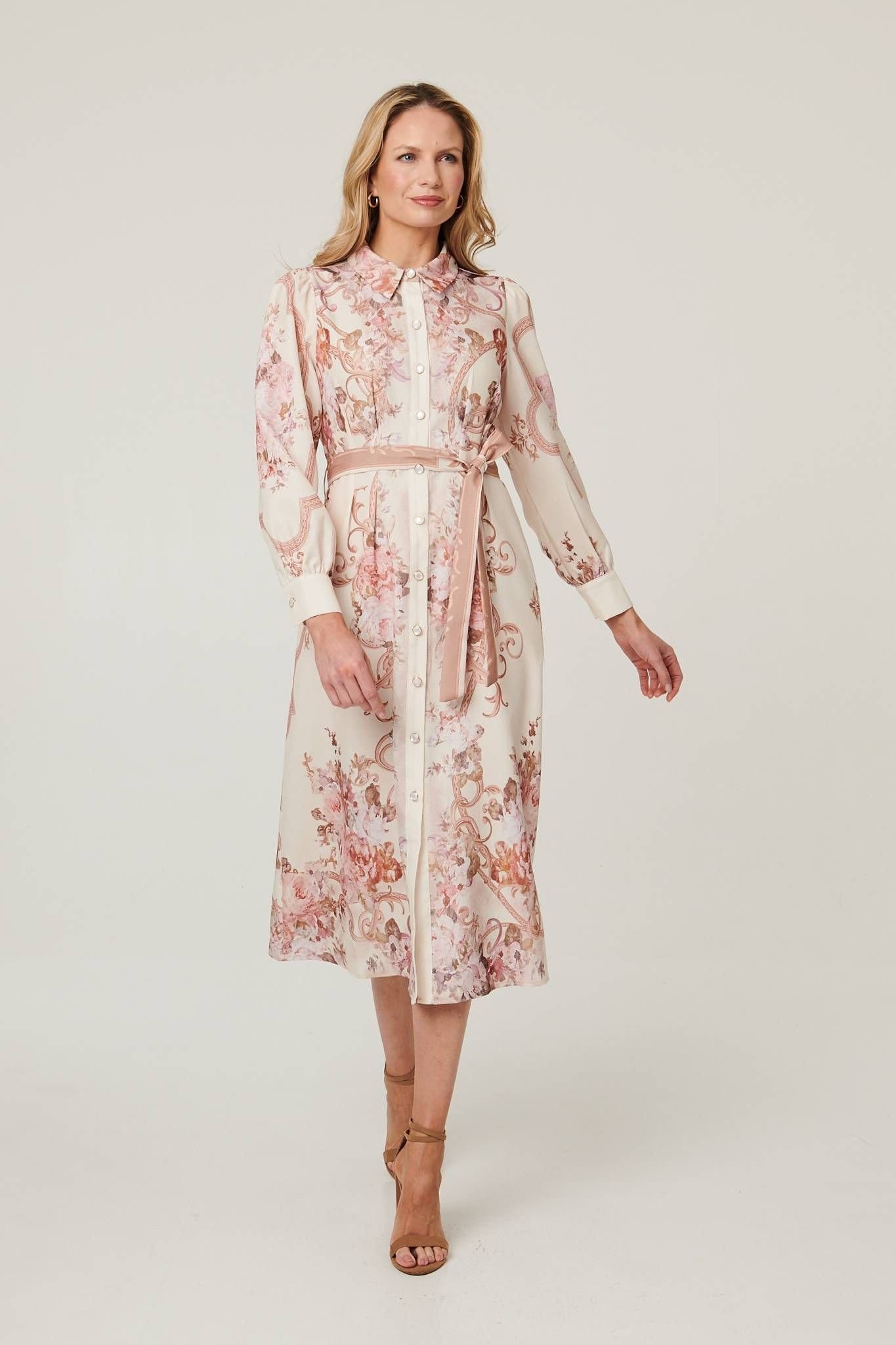 Izabel London Izabel London Women's Floral Long Sleeve Tie Waist Midi Dress in Beige - 4