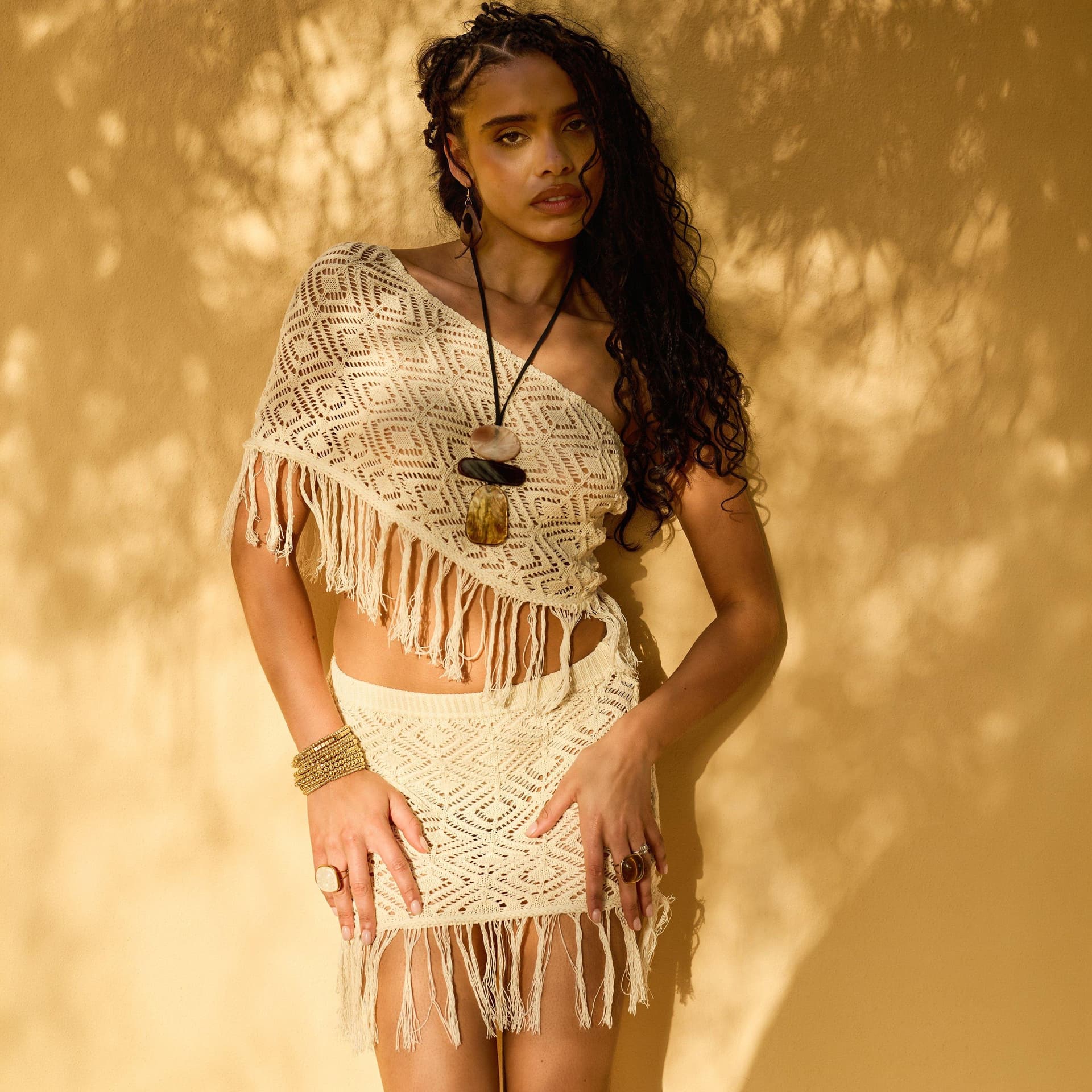 EGO One Shoulder Tassel Hem Top In Cream Crochet Knit, Women's Size UK L