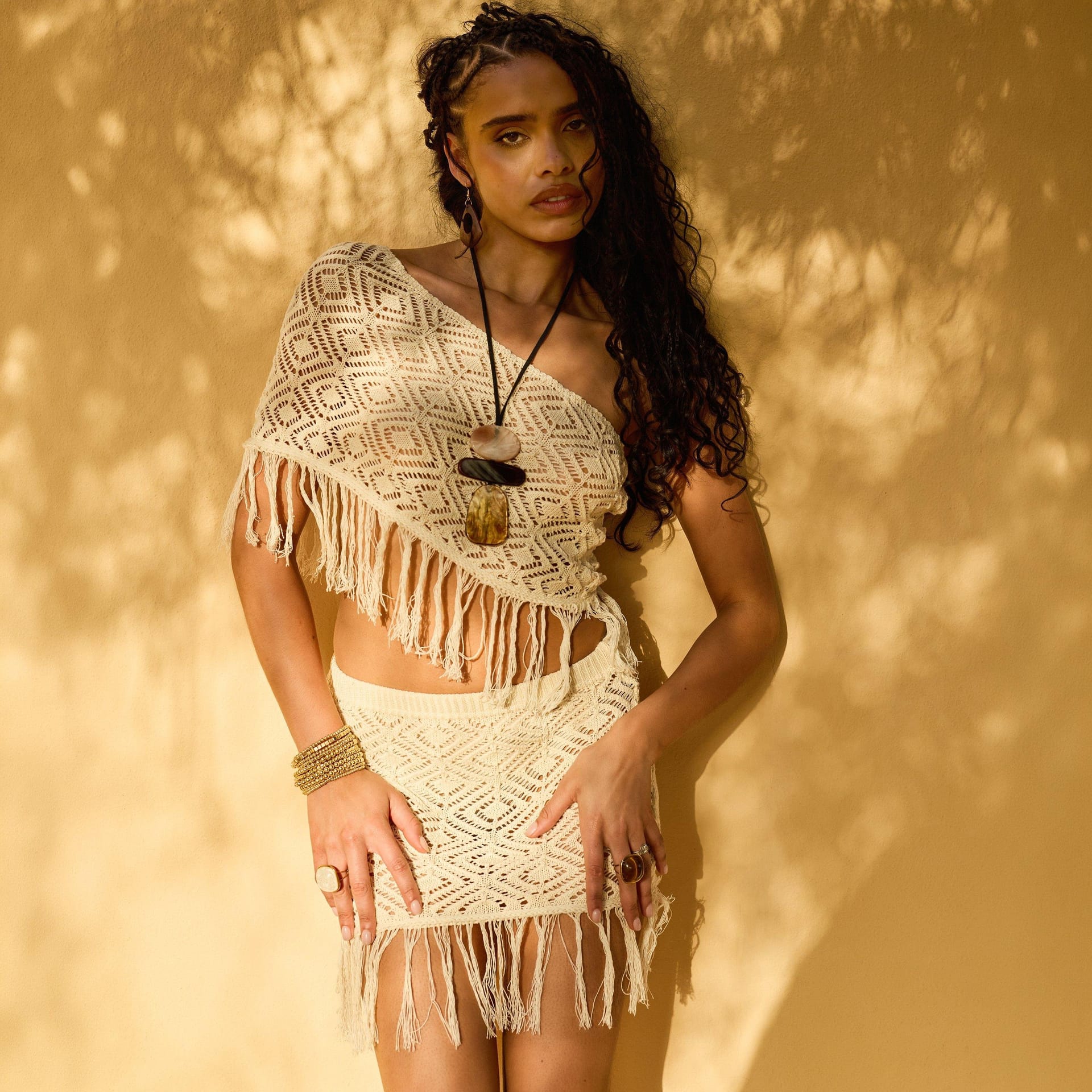 EGO Cream Crochet Knit One Shoulder Tassel Hem Top