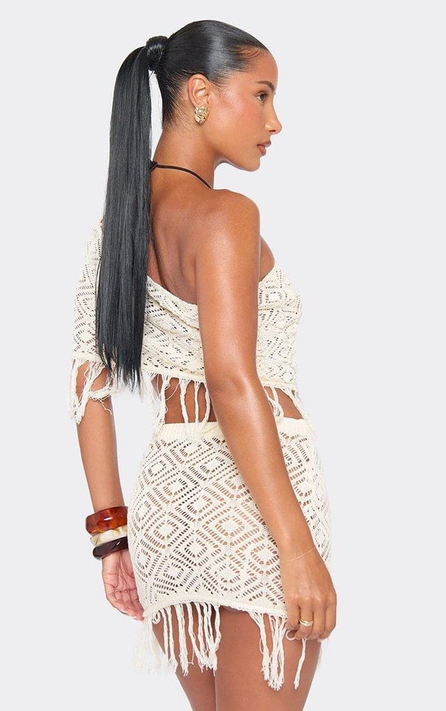 EGO One Shoulder Tassel Hem Top In Cream Crochet Knit, Women's Size UK L - 2