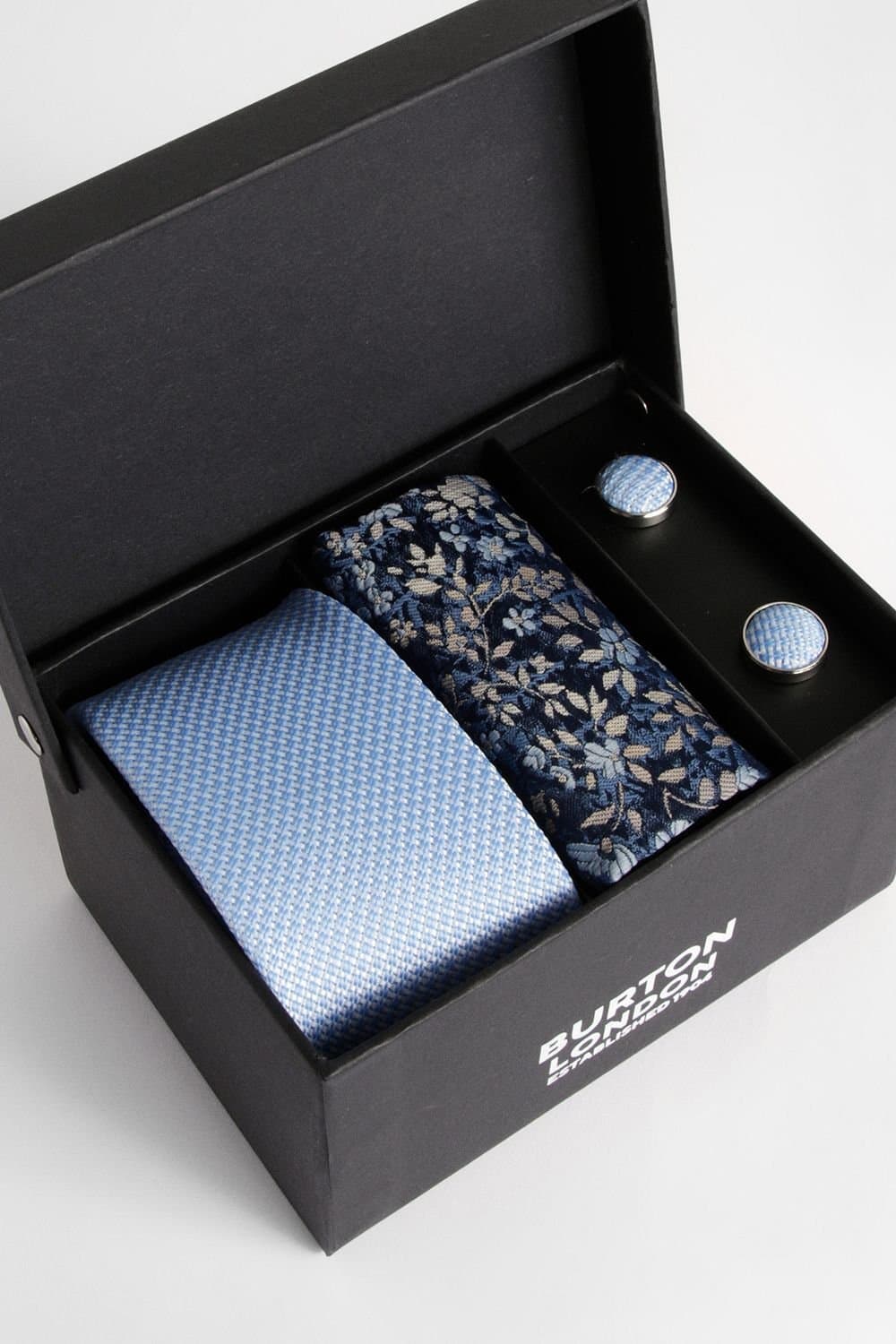 Burton Burton Men's Light Blue Textured Tie, Floral Pocket Square with Cufflink Box Set