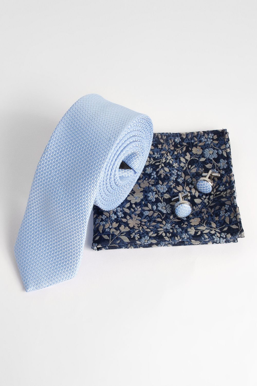 Burton Burton Men's Light Blue Textured Tie, Floral Pocket Square with Cufflink Box Set - 3