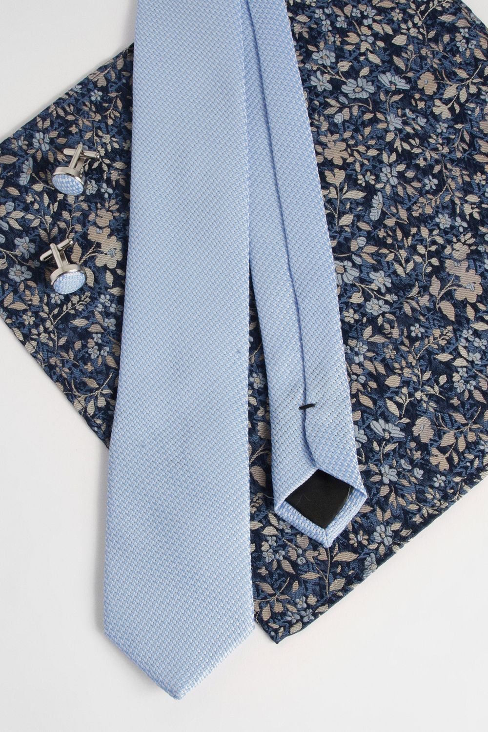 Burton Burton Men's Light Blue Textured Tie, Floral Pocket Square with Cufflink Box Set - 4