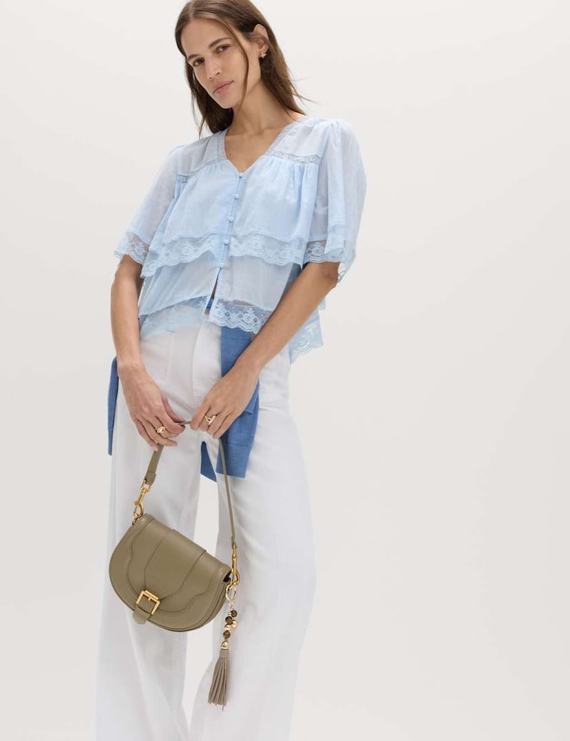 Marks & Spencer M&S Pure Cotton V-Neck Lace Insert Blouse Blue - 1