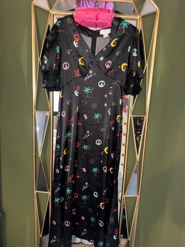 Never Fully Dressed NFD Love & Peace Multi Satin Lindos Dress Size 12 NEW
