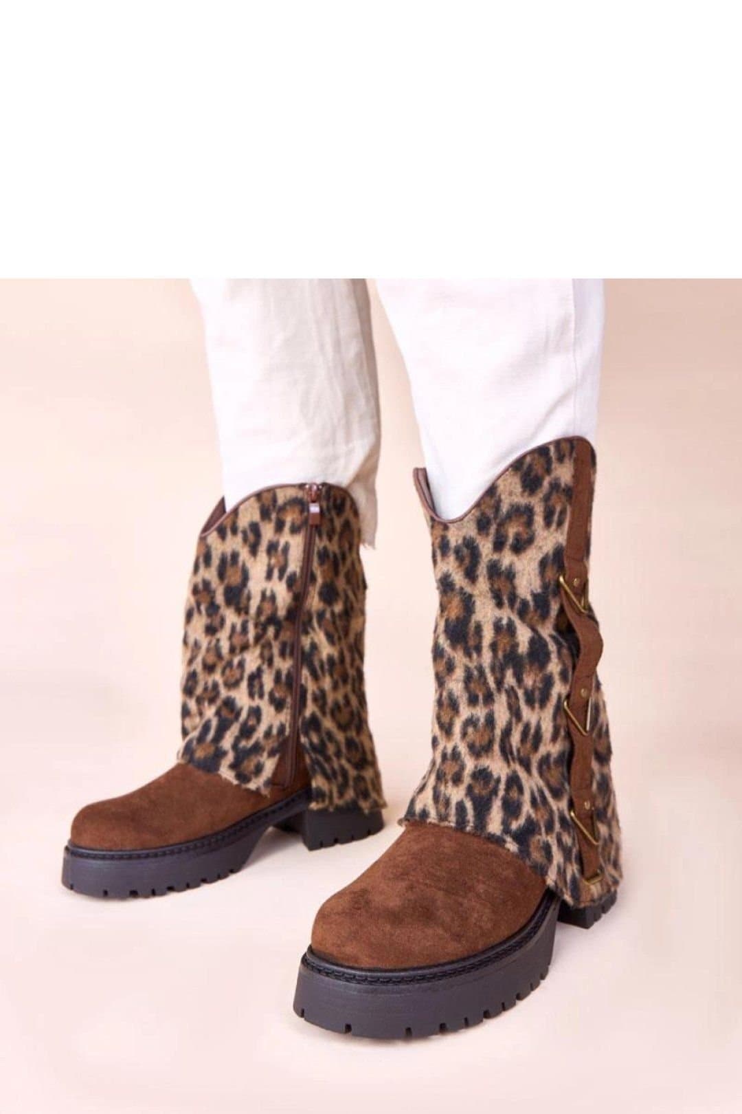 Love Lace Love Lace Women's Kaylia Brown Leopard Print Rolled Up Shaft Flat Ankle Boots