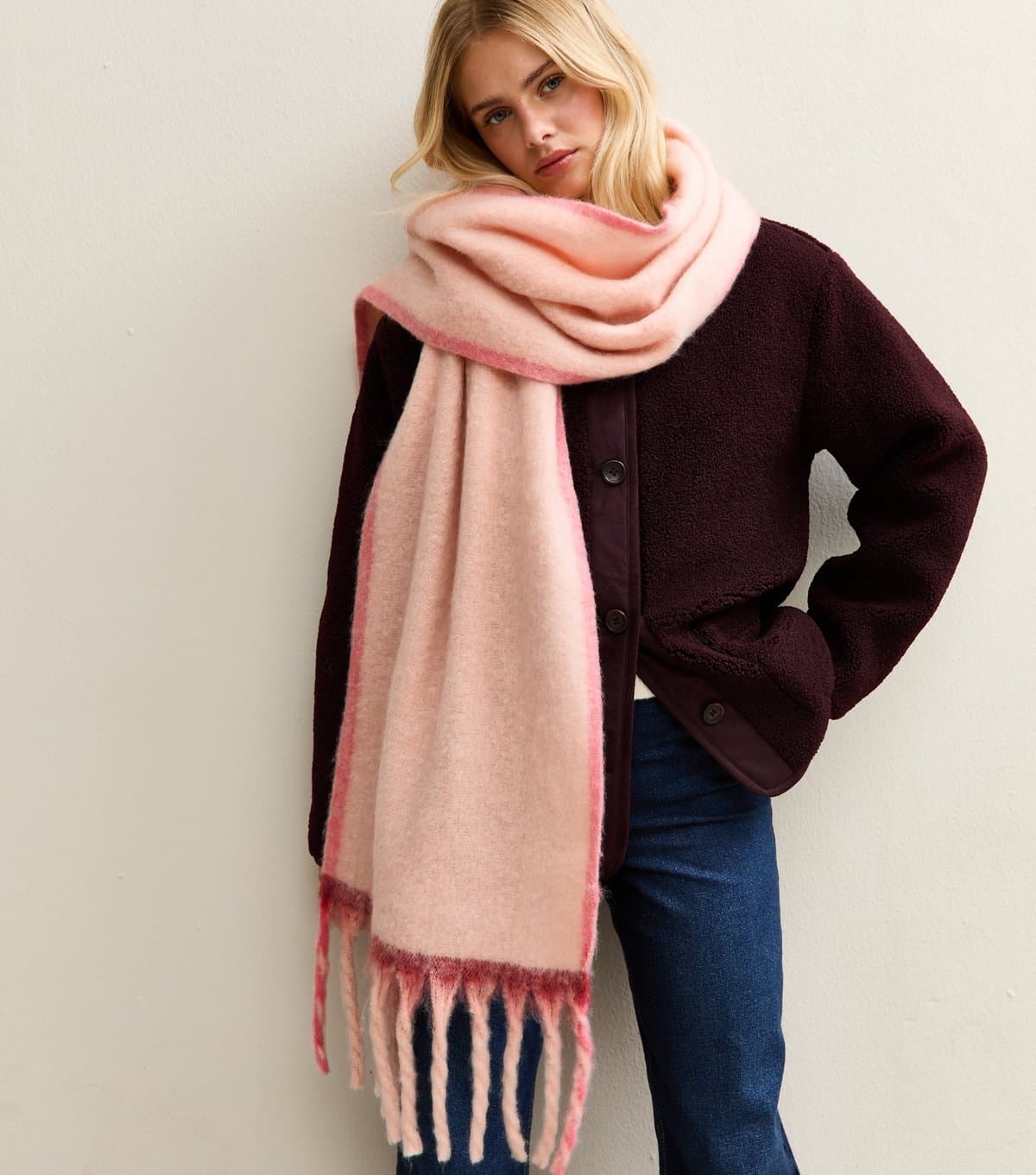 New Look New Look Pink Heavyweight Contrast Border Scarf