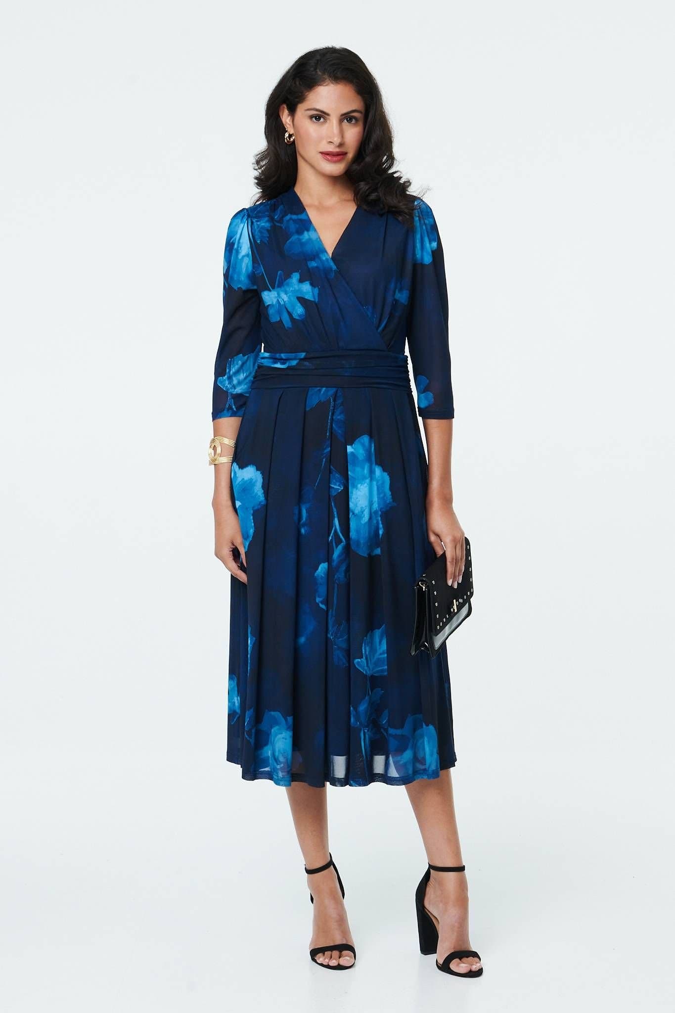Izabel London Izabel London Women's Printed Ruched Faux Wrap Midi Dress in Blue