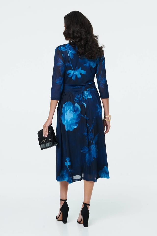 Izabel London Izabel London Women's Printed Ruched Faux Wrap Midi Dress in Blue - 3