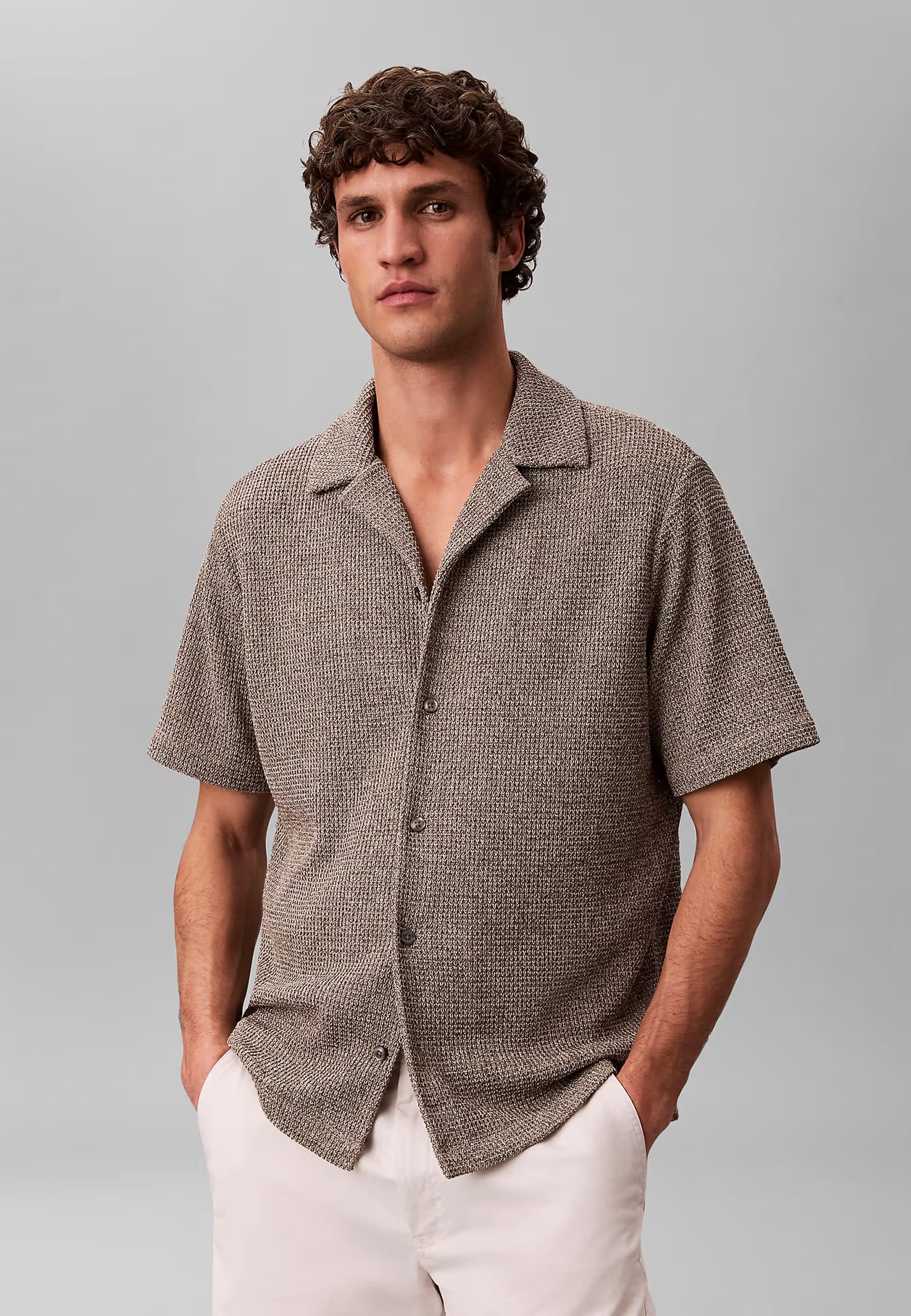 ASOS Calvin Klein Textured knit short sleeve shirt in roasted cashew