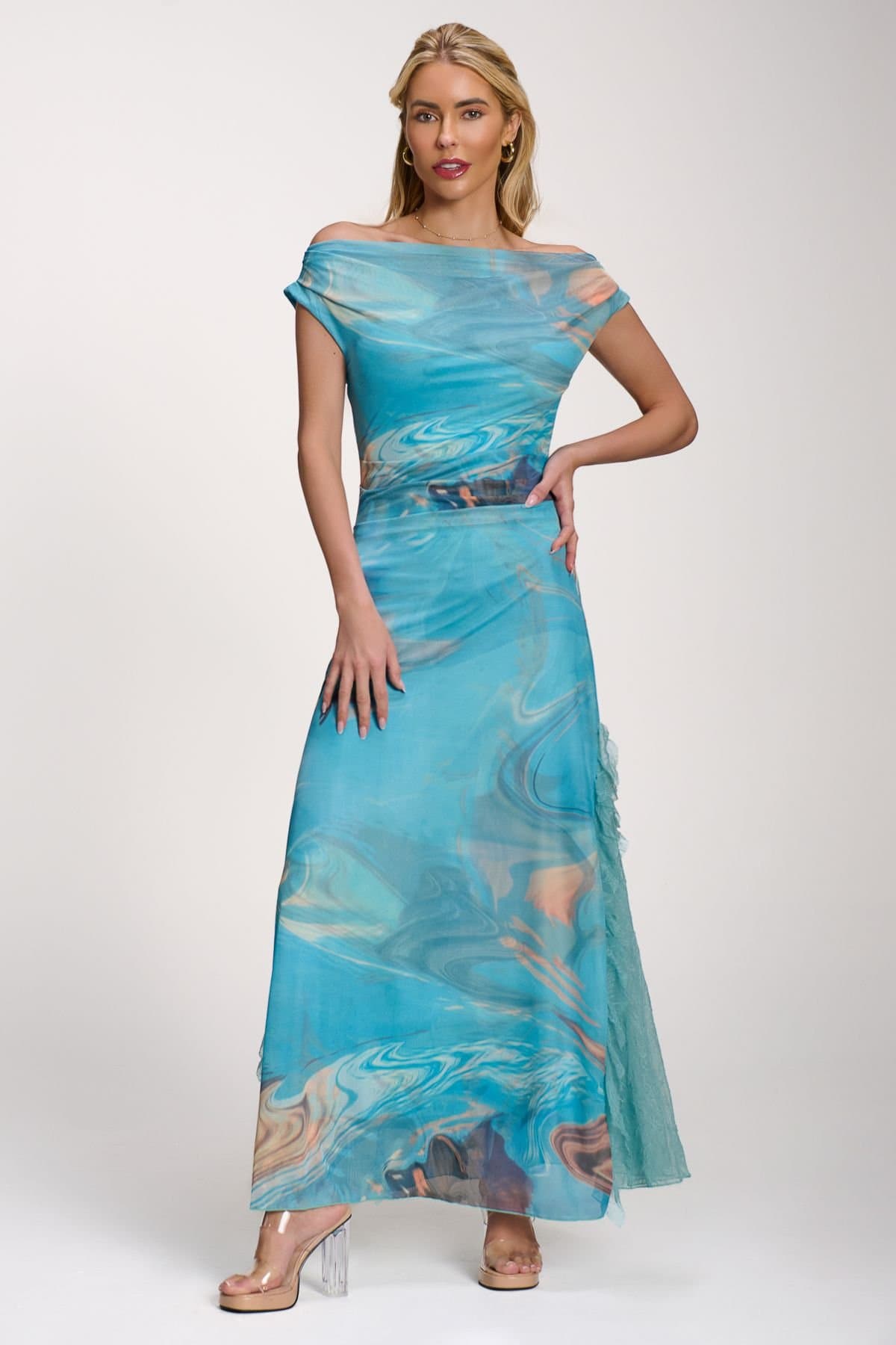 Jolie Moi Jolie Moi Women's Lace Insert Ruched Mesh Maxi Dress in Light Blue