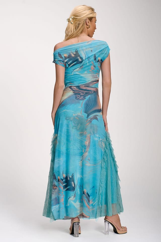 Jolie Moi Jolie Moi Women's Lace Insert Ruched Mesh Maxi Dress in Light Blue - 2