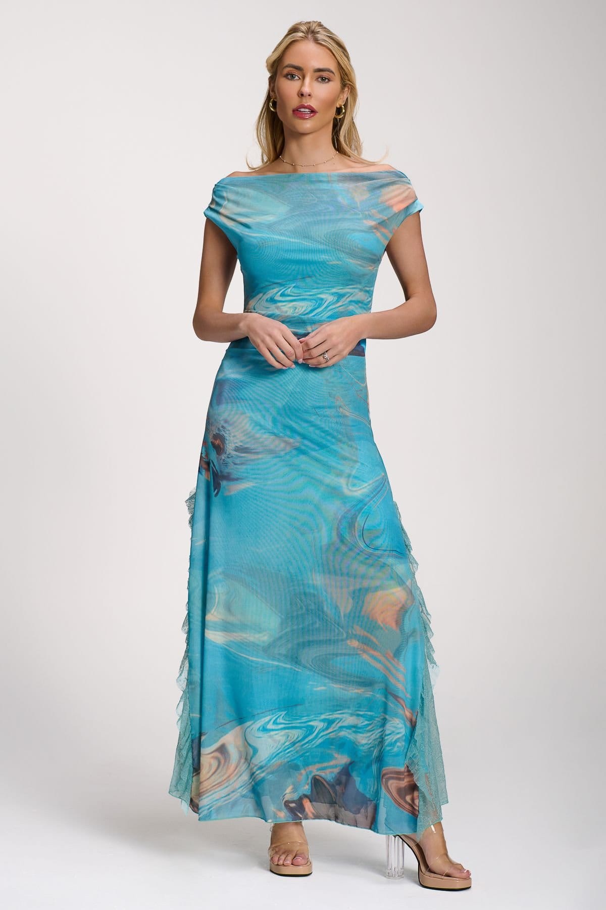Jolie Moi Jolie Moi Women's Lace Insert Ruched Mesh Maxi Dress in Light Blue - 4