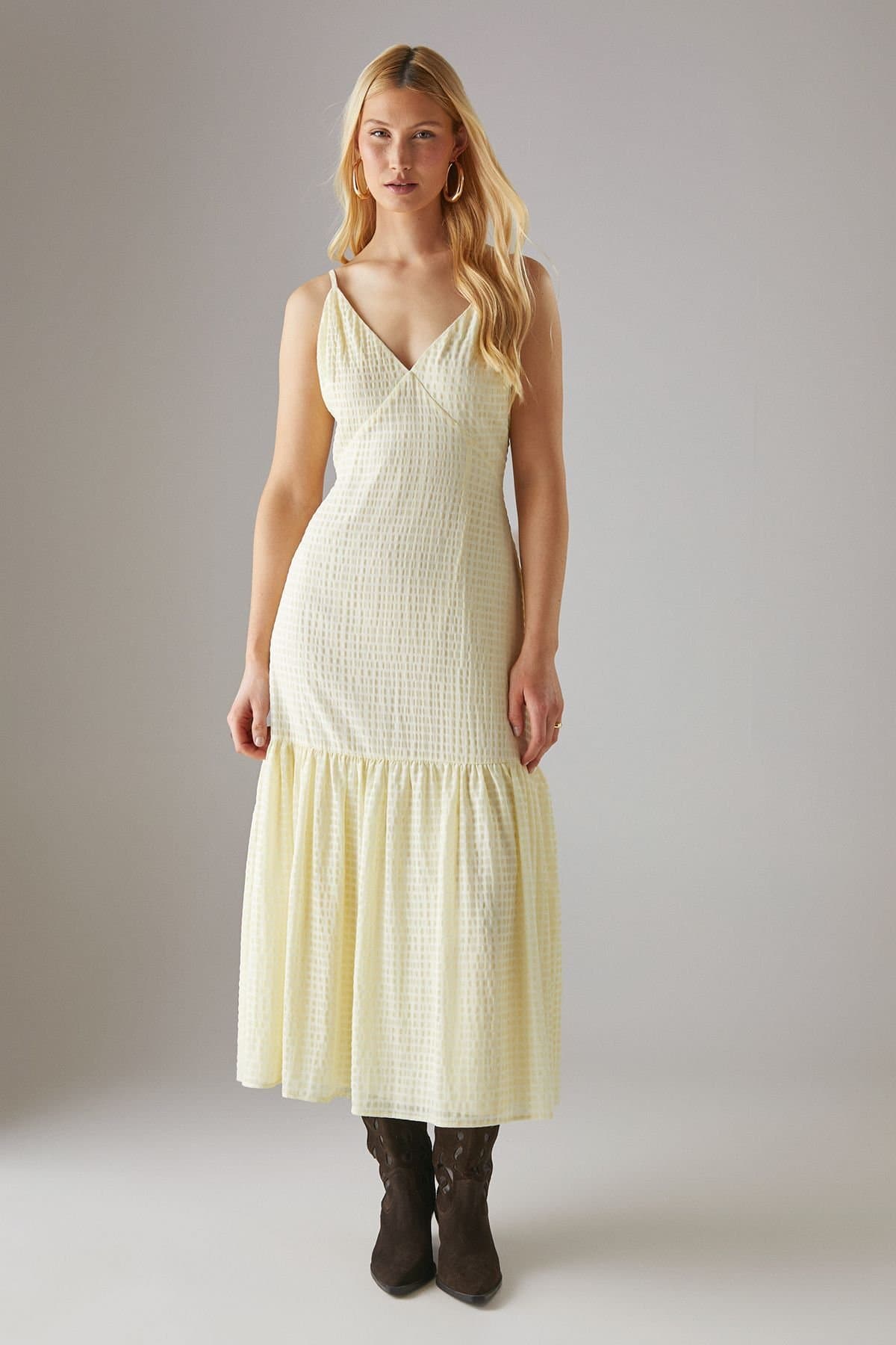 Warehouse Warehouse Women's Check Organza High Apex Strappy Midi Dress in Yellow