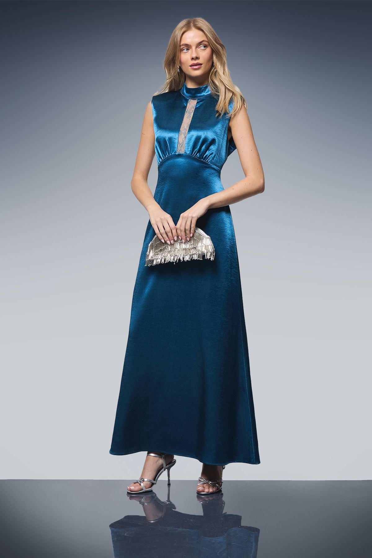 Oasis Oasis Women's Lace Insert Sleeveless High Neck Midi Dress in Teal - 2