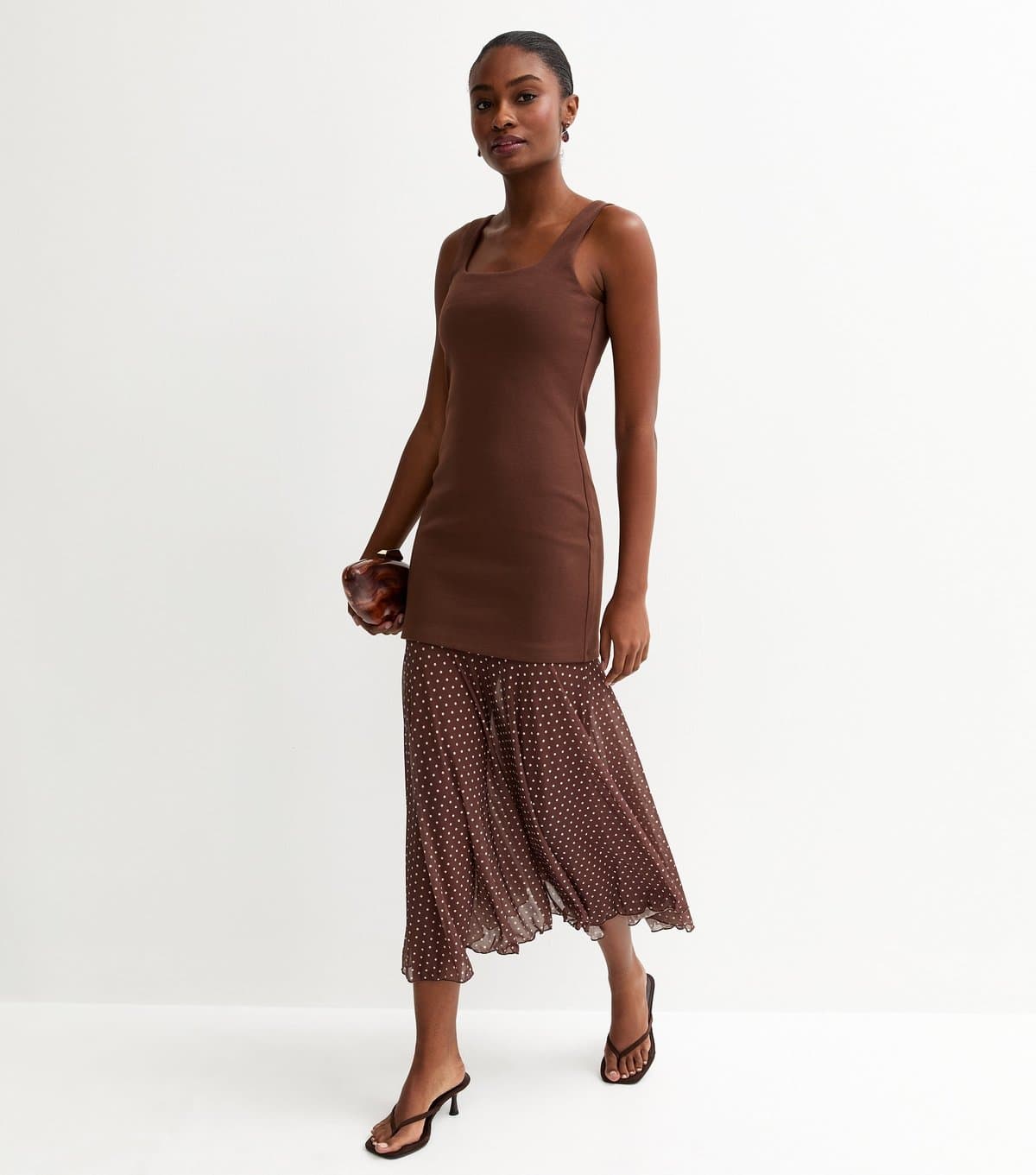 New Look Women's Brown 2-in-1 Polka Dot Midi Dress New Look