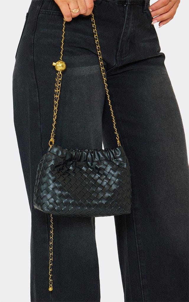 EGO Wander Chain Strap Cross Body Bag In Black Woven Faux Leather, Women's Size UK 0 - 2