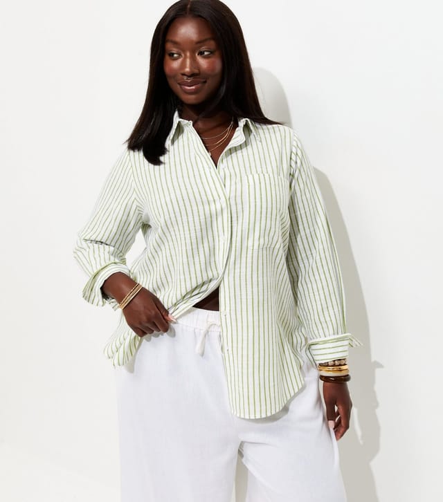 New Look Women's Plus Size Green Cotton Striped Long Sleeve Shirt Curves New Look - 2