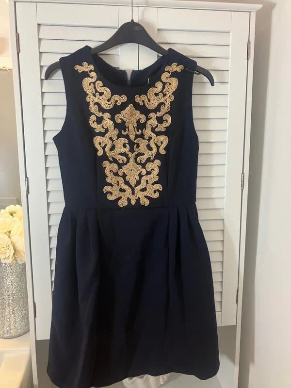 Tenki Navy and gold embroidered skater fit and flare dress 8 S Small